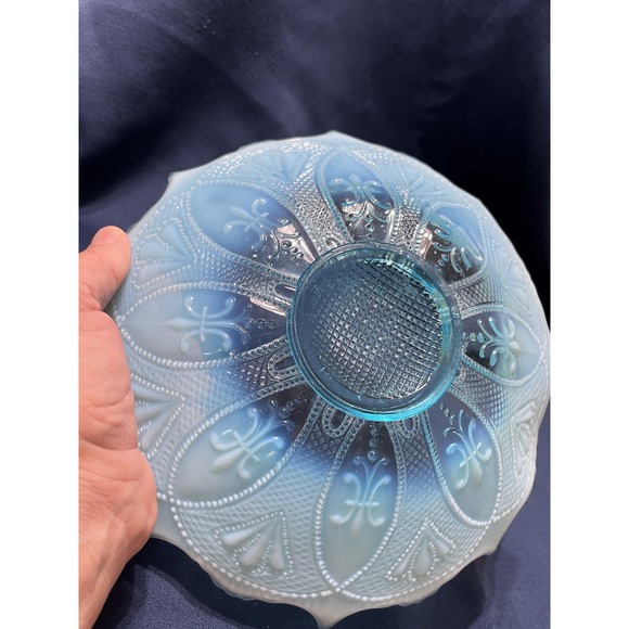 Vintage Blue Opalescent Glass Candy Serving Dish Fleur-de-lis Design - Picture 9 of 10
